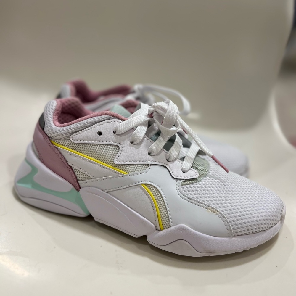 Puma White Sneakers with Pink and Mint Detail, Size 6